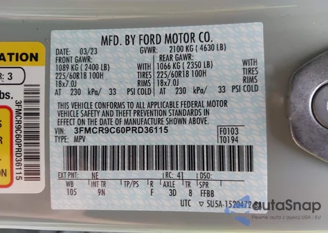 2023 Ford Bronco Sport Outer Banks z USA, uszkodzony, nr VIN 3FMCR9C60PRD36115